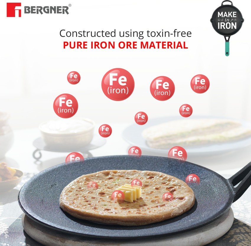 Bergner Elements Pre-Seasoned Cast Iron Dosa Tawa, 30 cm, Induction  Friendly, BlackSku Code : BG-34123-BK