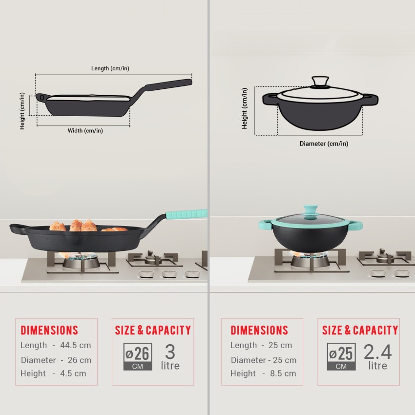 Indus Valley Cast Iron Cookware set - kadai( 2.5L) +skillet fry pan (1.5L)  + cast iron dosa tawa (10 inch) Black 