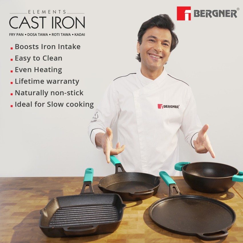 Elements Pre-Seasoned Cast Iron Flat Dosa Tawa, 30 cm, Induction  Compatible, Black – BergnerHome