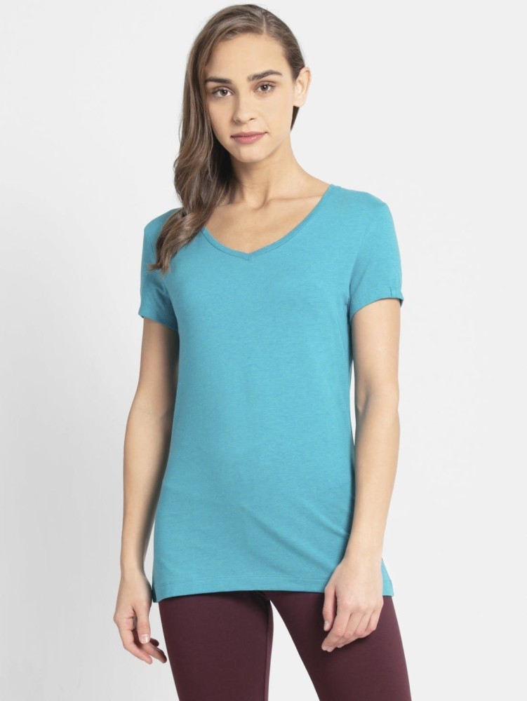 JOCKEY Solid Women V Neck Green T-Shirt - Buy Teal Melange JOCKEY Solid  Women V Neck Green T-Shirt Online at Best Prices in India