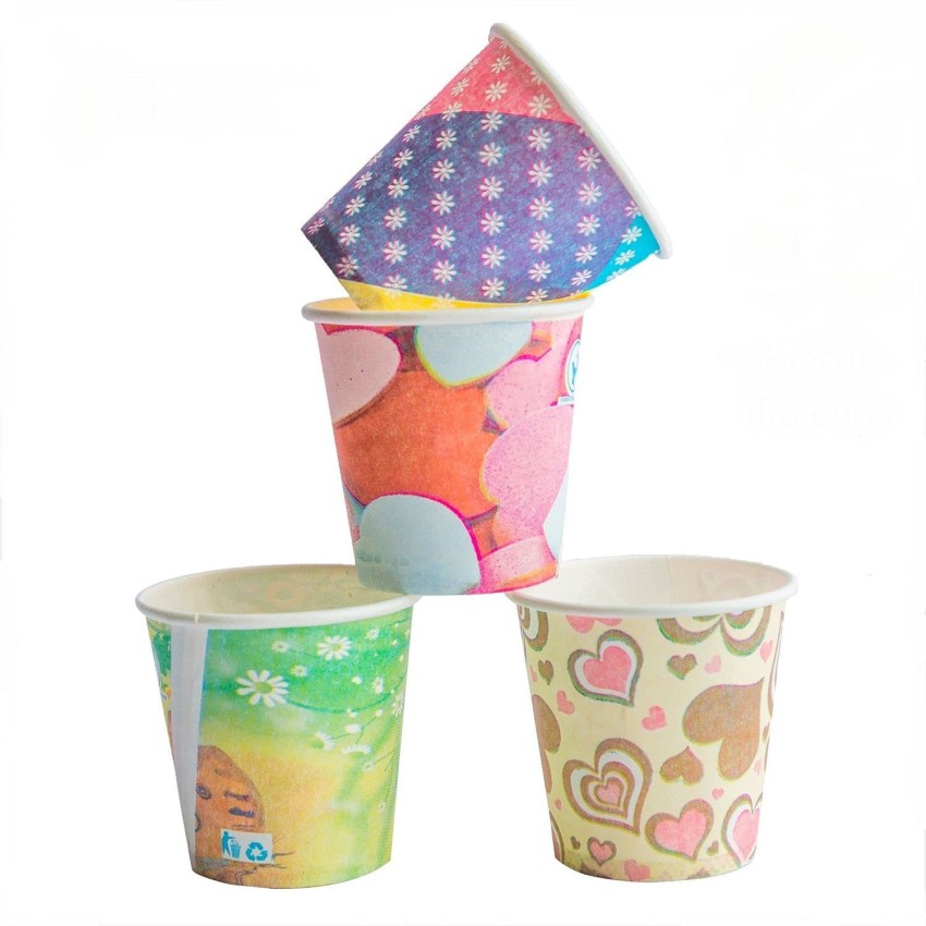 GRACE PAPER GLASS Printed Paper Glass, Disposable Cups for  Party/Home/Office - Pack of 100 (Multicolor, 300 Ml)