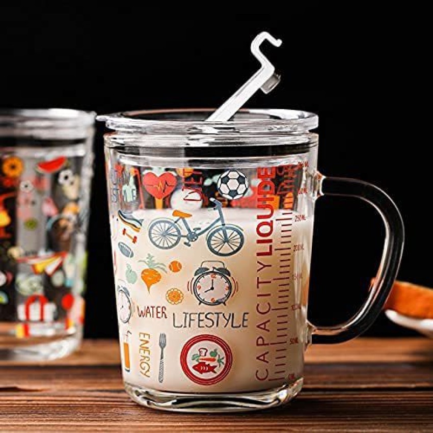 Print Milk Glass Cup for Kids with Handle, Spill Proof Lid and Straw, Coffee  Cup Mug Glass with Heat Resistance, 400 ml