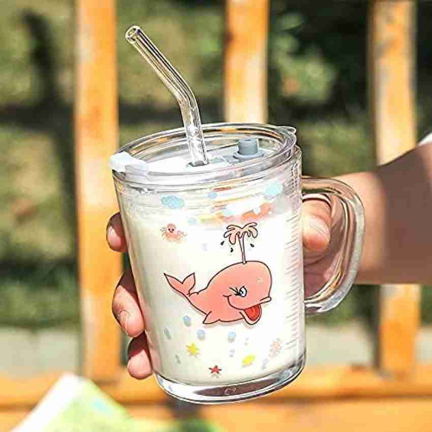 Print Milk Glass Cup for Kids with Handle, Spill Proof Lid and Straw, Coffee  Cup Mug Glass with Heat Resistance, 400 ml