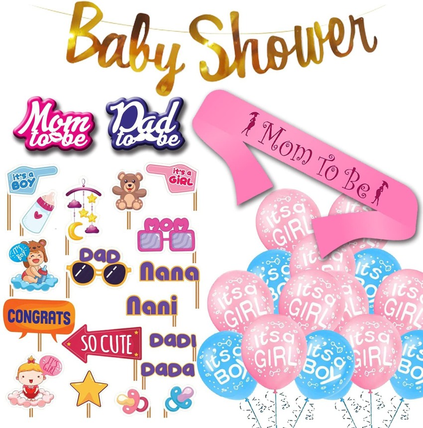 Yey Printed Baby Shower Props & Decoration Set (46 pcs) Baby  Shower Banner + Baby Shower Stick Props + Latex Balloons + Sash & Badge for  Godh Bharai Decoration (Pink