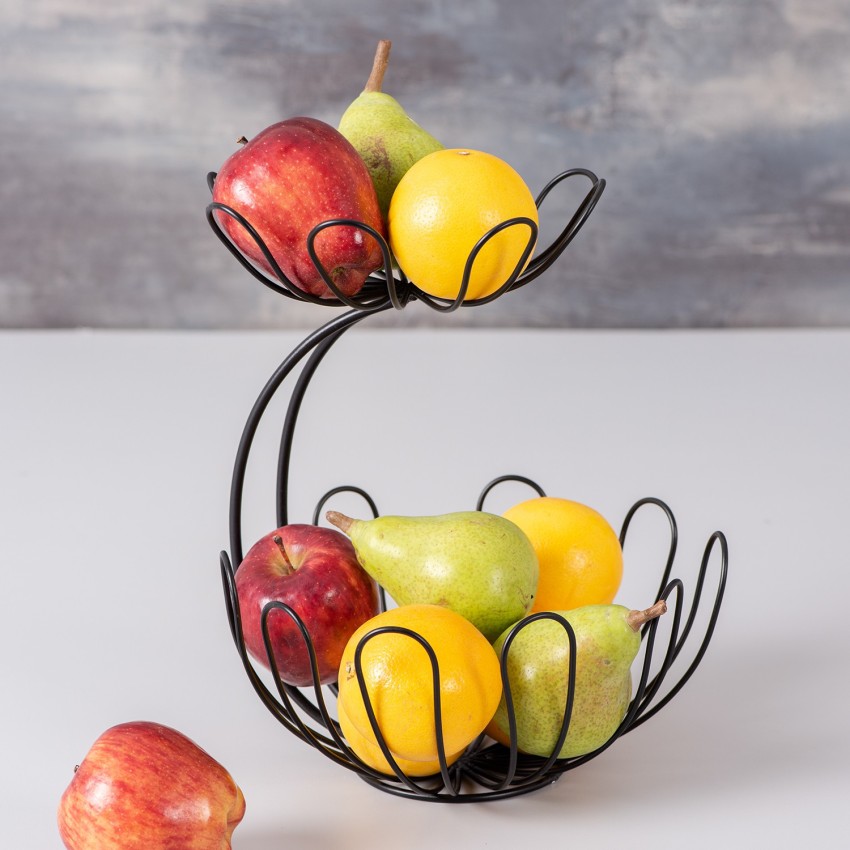 2 Tier Fruit Revolving Bowl Vegetable Rack Basket Black Metal Wire