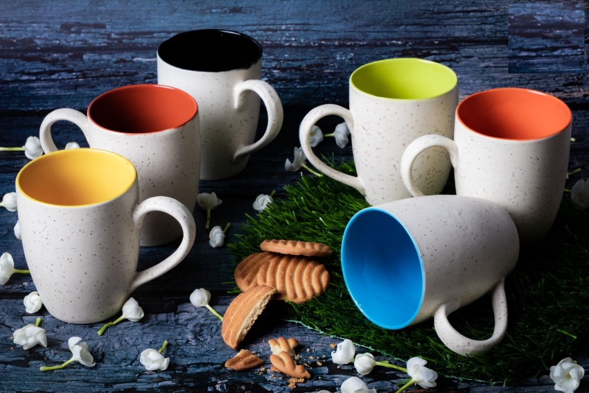 Trendy Polka Dot Printed 6Pcs Ceramic Milk /Coffee Mug/Tea Cup Set (300ML  Each)