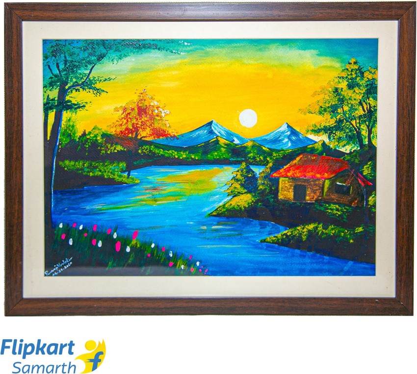 Sunset village nature drawing painting