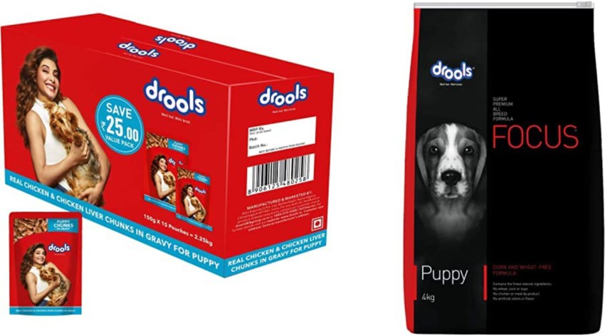 Drools Drools Puppy Wet Dog Food Real Chicken and Chicken Liver Chunks in Gravy 15 Pouches 15 x 150g Focus Puppy Super Premium Dog Food 4kg Chicken 4 kg Dry Young