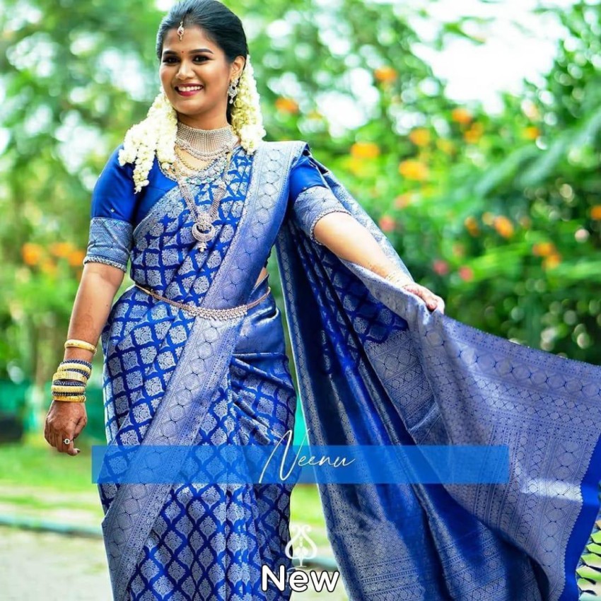 Royal Blue Color Net,Viscose Satin Designers Wedding Bridal Sarees |  Heenastyle