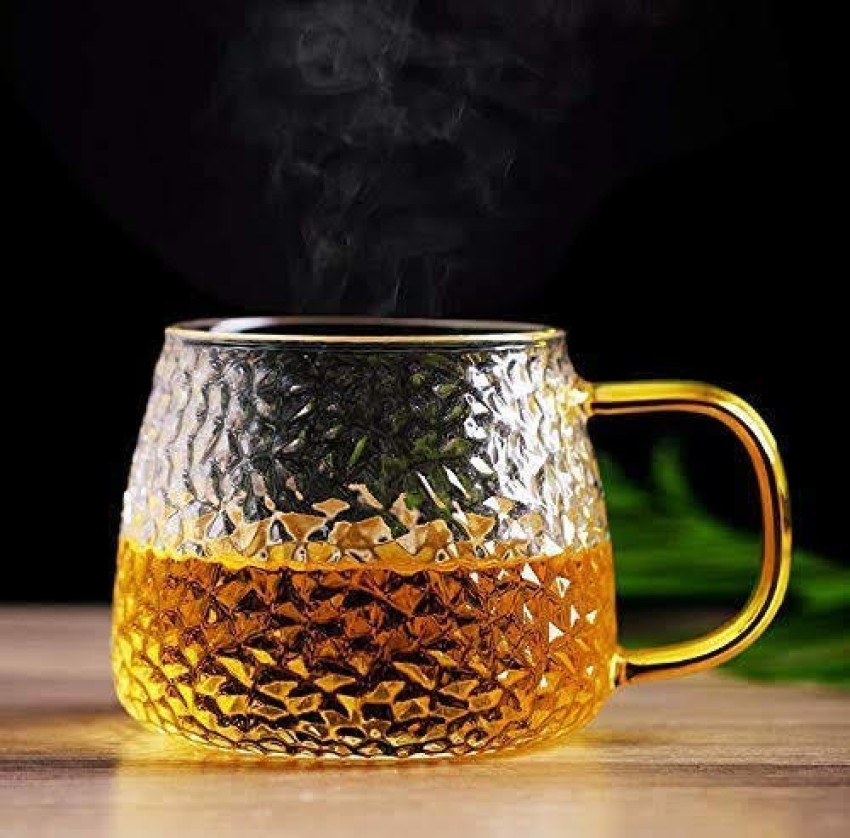 Transparent Big Glass Mug with Golden Handle for Coffee Green Tea Lemon Tea