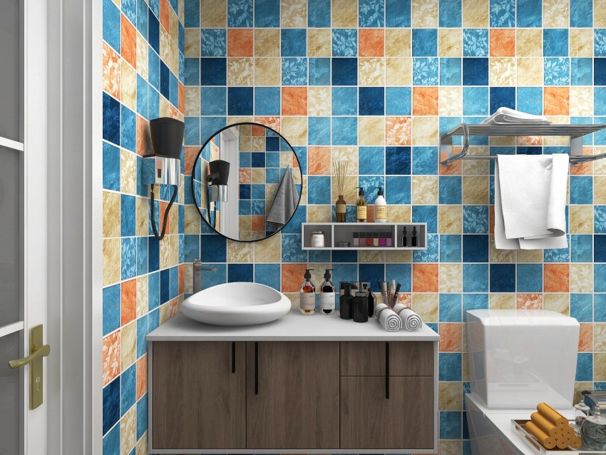 Blue tiles wallpaper bathroom  TenStickers