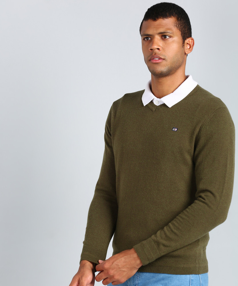 Arrow Sport Solid V Neck Casual Men Green Sweater