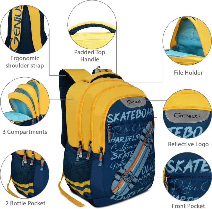 GENIUS by SAFARI Skater 34L Blue school casual Backpack Free Pencil Pouch File Holder Water resistant 19 inch 34 L Backpack BLUE Price in India Flipkart