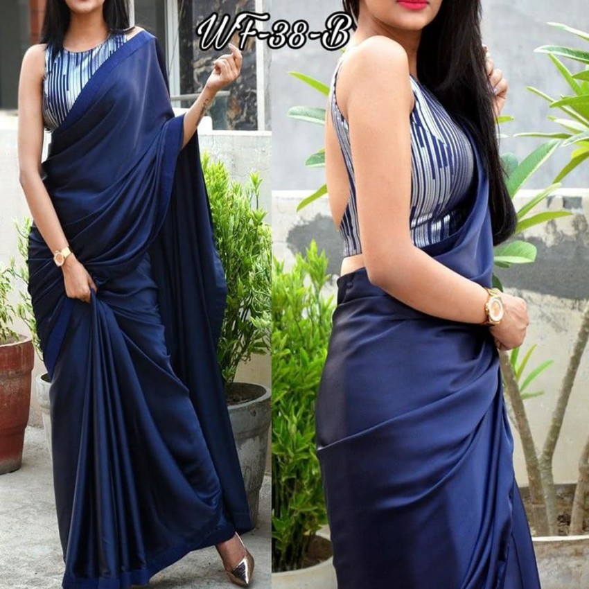 Buy ZINLORIZ Solid/Plain Bollywood Satin Blue Sarees Online @ Best Price In  India