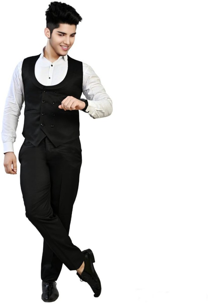Black 3 Piece Suit Set for Men Single Breasted Solid Jacket Vest