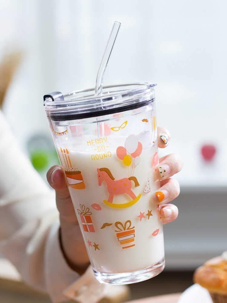 Cartoon Unicorn Glass With Straw Girl - Cute Juice Cup With Straw And Lid,  Unicorn Gift, Measuring Cup Glass Smoothie Cup Milk Cup Water Cup (u