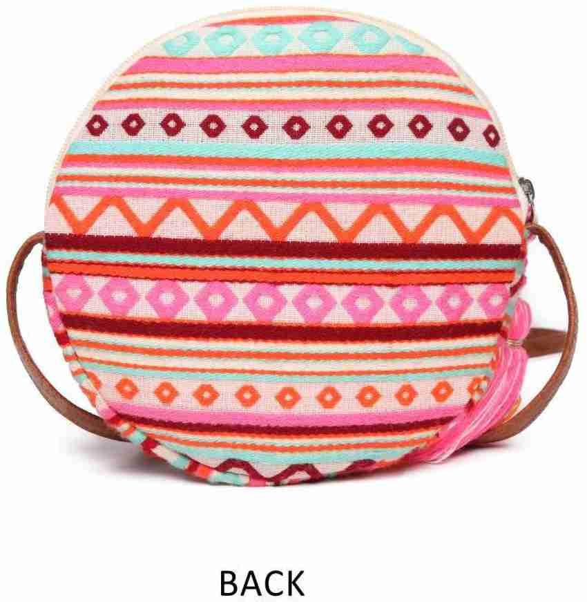 ASTRID Multicolor Sling Bag Round Sling Bag With Pompoms For Girls