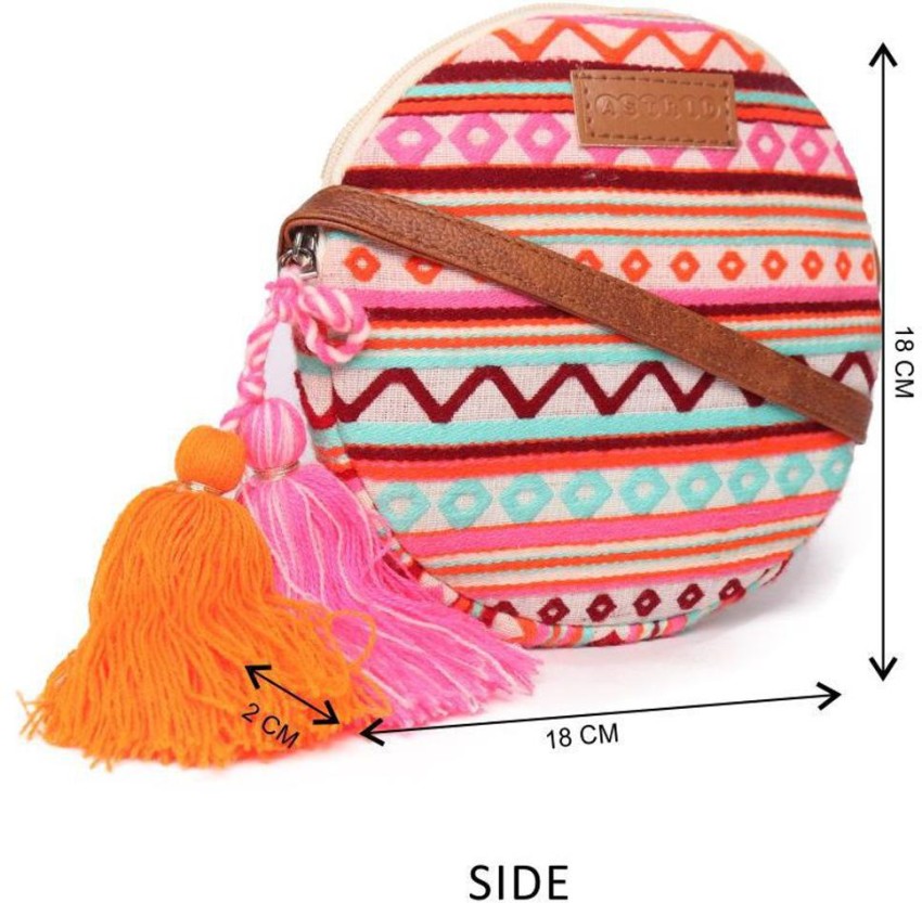 ASTRID Multicolor Sling Bag Round Sling Bag With Pompoms For Girls
