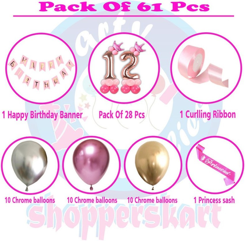 Happy 12nd Birthday Printed Latex Balloons Princess Balloons Pink Balloons  for Girl 12 Years Old Birthday Party Decorations