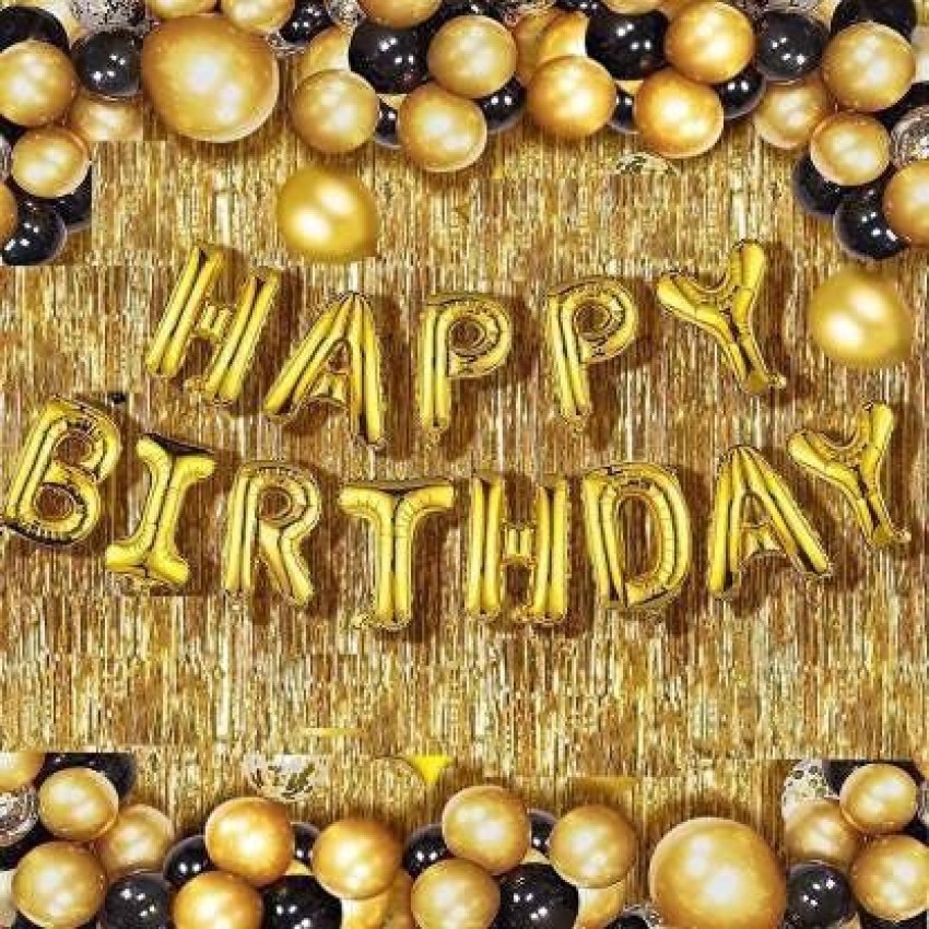 Happy Birthday Decorations Gold Black Decoration Kit, Gold Metallic Fringe  Shiny Curtains, Happy Birthday Banner With Latex & Star Foil 