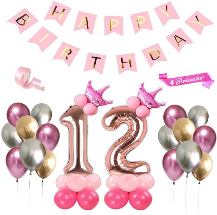 Happy 12nd Birthday Printed Latex Balloons Princess Balloons Pink Balloons  for Girl 12 Years Old Birthday Party Decorations