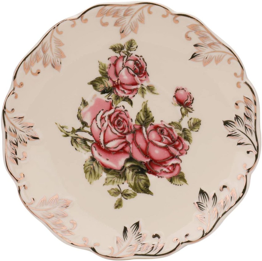 YOLIFE Ivory Pink Rose Ceramic Cups and Saucers Set 8 OZ, Set of 6