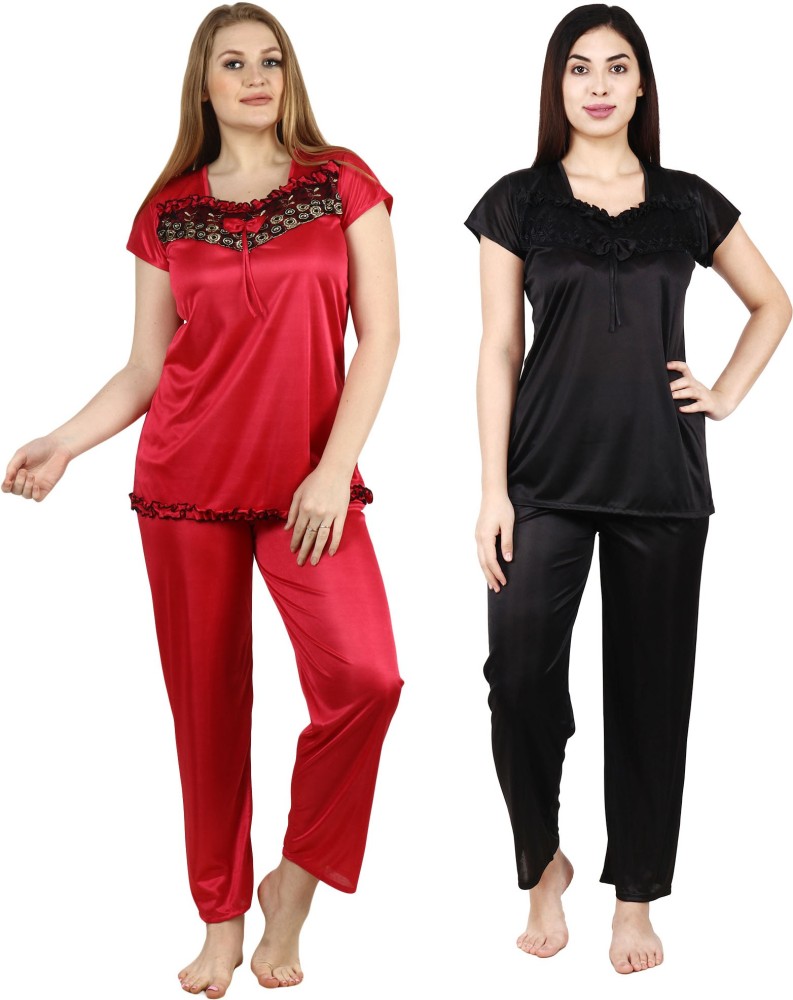 Waitlook Women Solid Red, Black Top & Pyjama Set Price in India