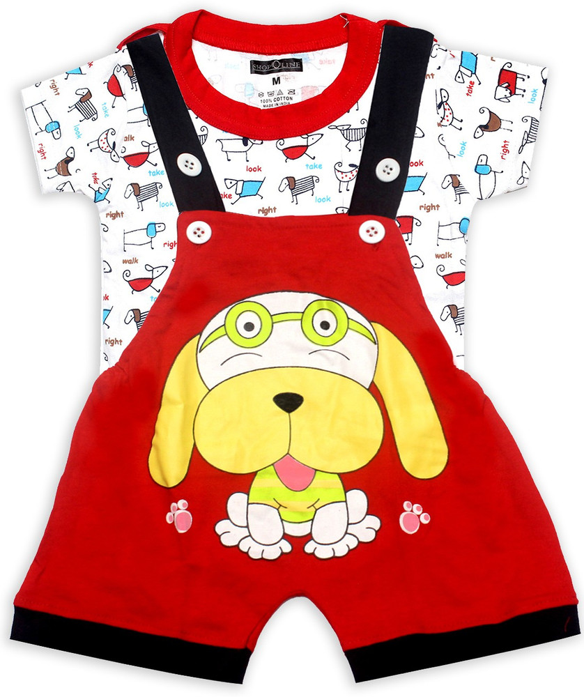 SHOPOLINE Dungaree For Baby Boys Baby Girls Casual Printed Pure