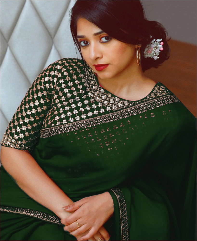 Buy Lady Style Embroidered Bollywood Silk Blend Dark Green Sarees