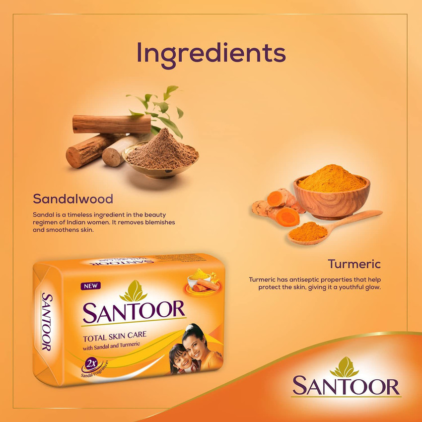 Santoor Sandalwood and Turmeric Bath Soap for Younger Looking and Glowing Skin Combo Offer 150g Pack of 4 Price in India Buy Santoor Sandalwood and Turmeric Bath Soap for Younger Looking