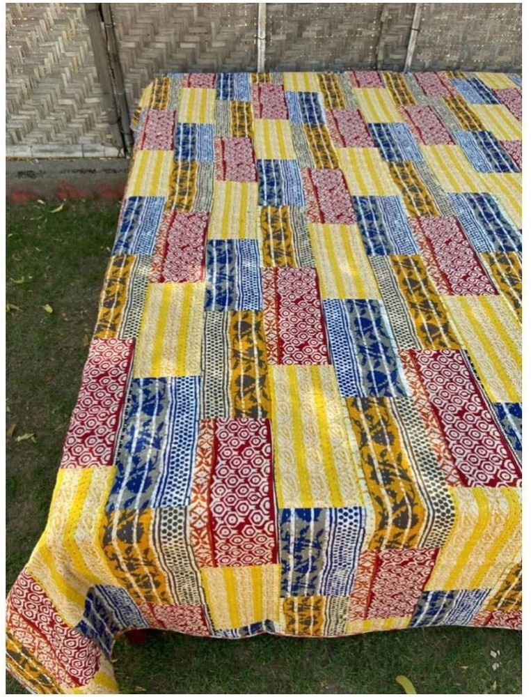 Nitnaya Patchwork Kantha Work Quilt Bedspread Gudari Hand Printed