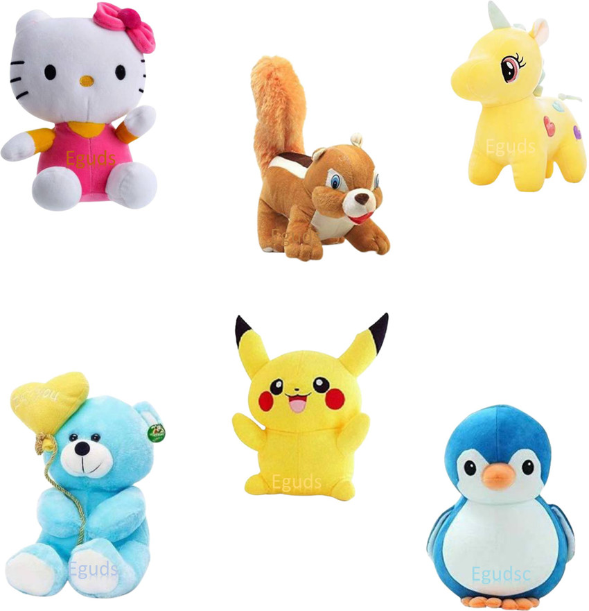 Eguds Set of 6 plush soft toys for kids / teddy bear, pikachu  