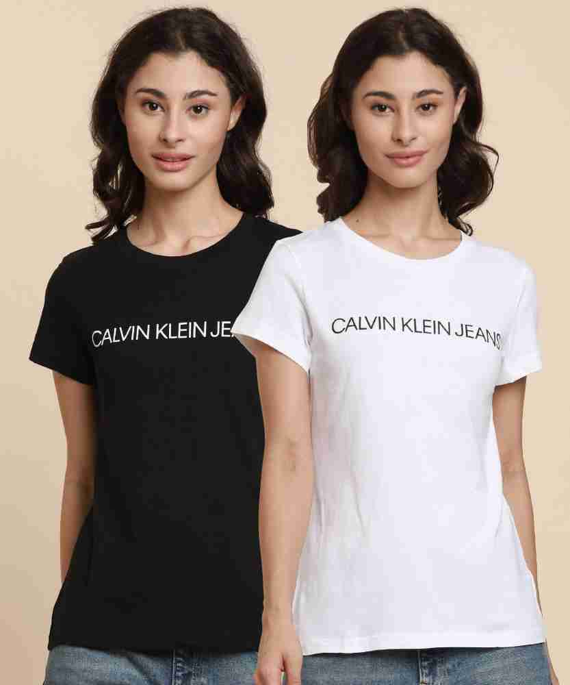 Calvin Klein Jeans Printed Women Round Neck White T-Shirt - Buy