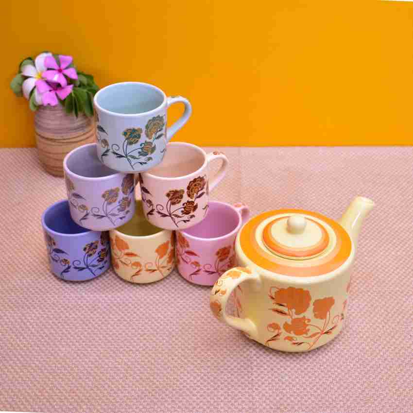 ROXX Pack of 7 Ceramic candy Morning Tea/Coffee 6 mug(180ml) & 1 Tea  Pot(600ml) multicolor