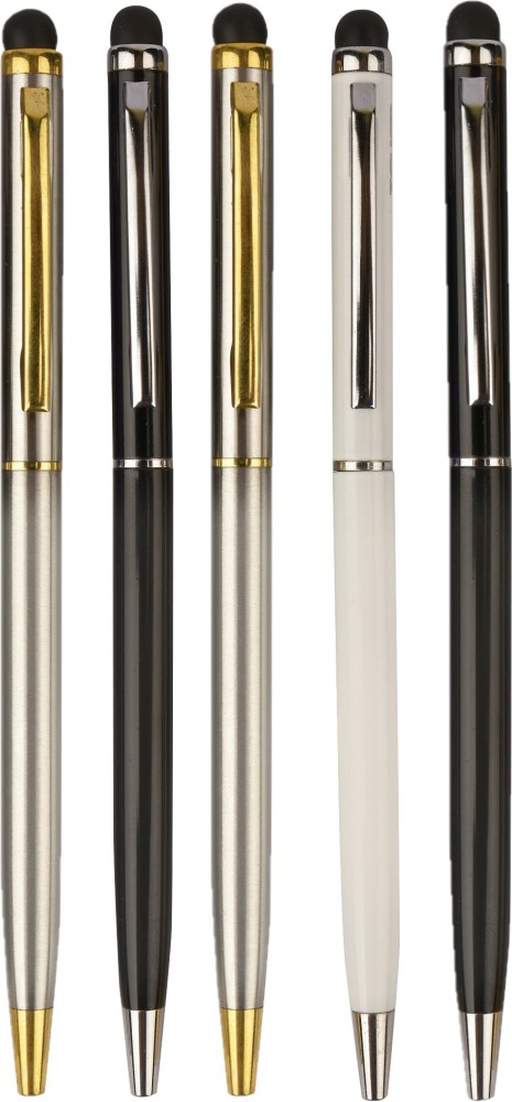 10 Skinny Ballpoint Metal Pens Pack - Sleek, Twist Off, Black Ink - Black