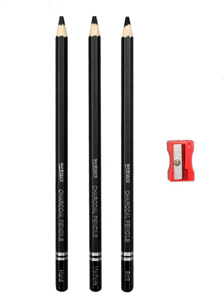CHROME Charcoal Pencils 3 Grades of Charcoal Including  Sharpener Soft, Medium and Hard Pencil - Drawing Pencil
