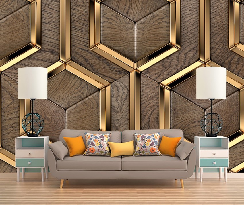 Brown Damask Wallpaper with Gold Details  Damask wallpaper living room  Brown and gold living room Gold living room decor