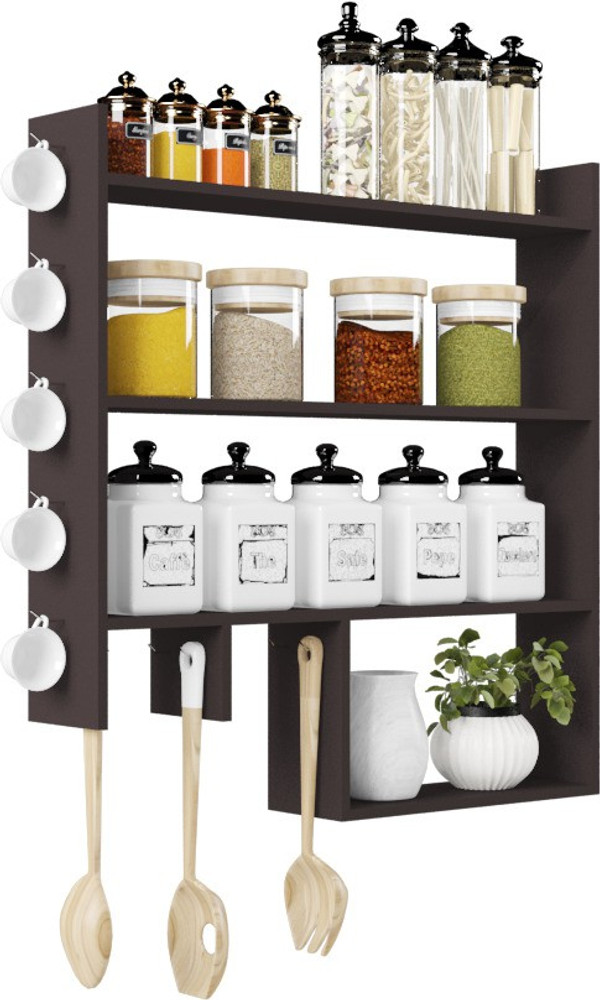 Furnifry Wooden Wall Mounted Shelves for Kitchen Kitchen Storage Shelf with Hooks Wall Shelf Kitchen Shelf for Home Kitchen Wall Shelf Kitchen Wall Rack Shelf Organizer Rack for Kitchen MDF Medium Den...