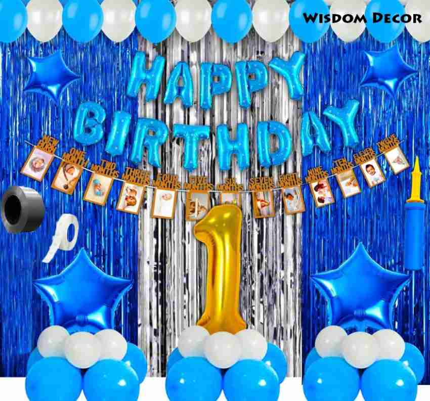 Birthday Decoration kit for 1st Birthday Boys- 28Pcs with Foil Curtain /  Bday Supplies Items with Blue