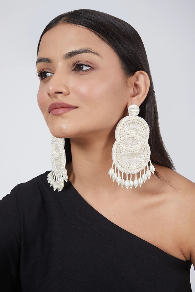 Handmade White Multicolor Beaded Fringe earrings for women E01SB08   Amazonin Fashion