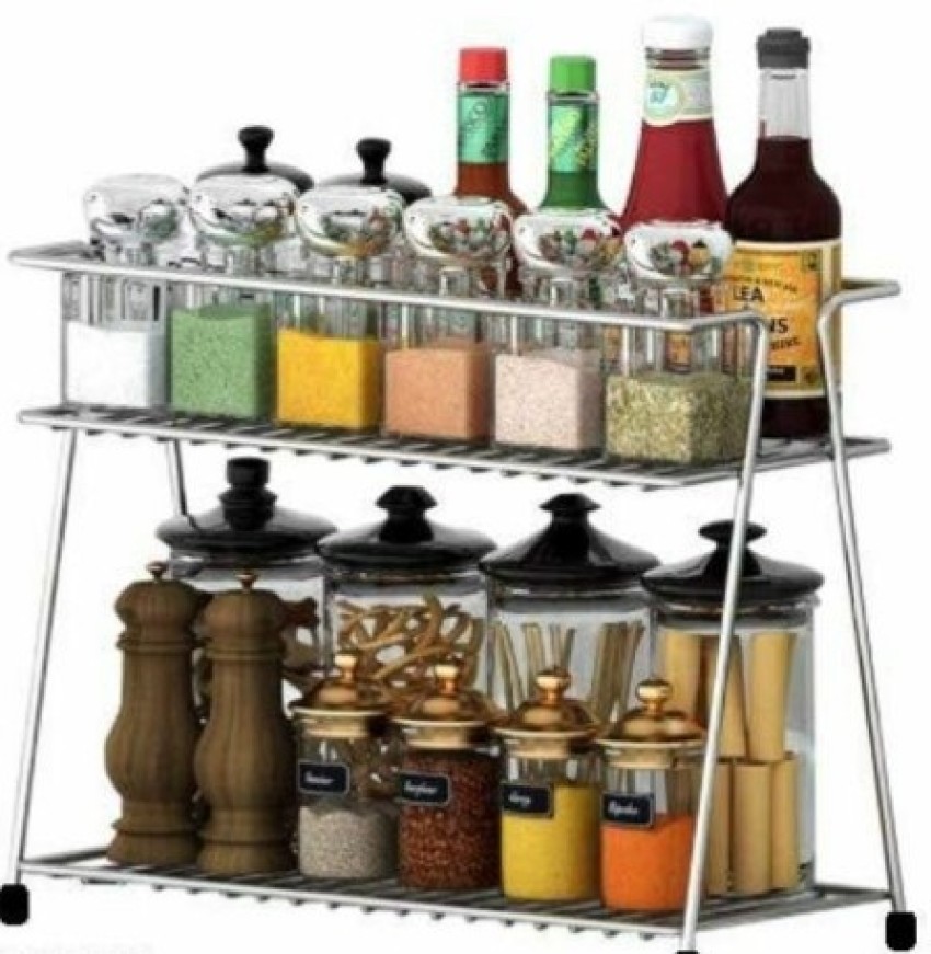 NEX Silver 2 Tier Standing Spice Jar Rack Kitchen Storage Organizer