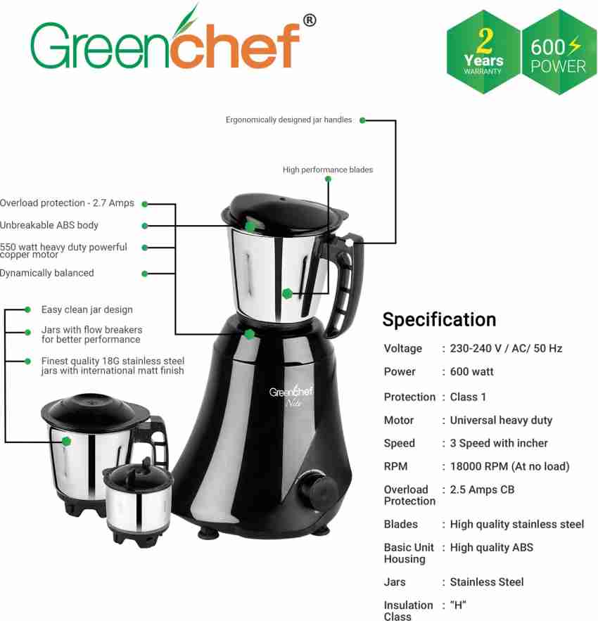 Greenchef JawaBlack 600 Mixer Grinder (3 Jars, Black) Price in India - Buy  Greenchef JawaBlack 600 Mixer Grinder (3 Jars, Black) Online at