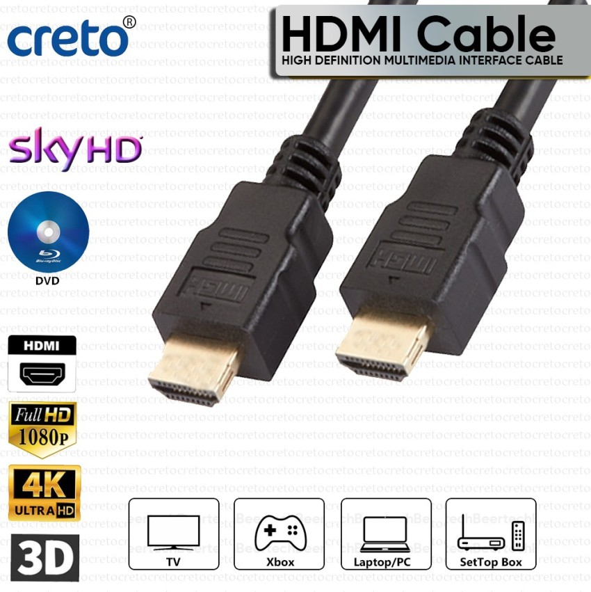 CRETO HDMI Cable 10 m HDMI Cable connects your TV to your Set-top Box,  Blu-Ray, Desktop,Laptop, DVD, PS3, Samsung, LG, Sony, Apple-Android TV, 3D,  Plasma, LCD, LED, TV and many other HDMI