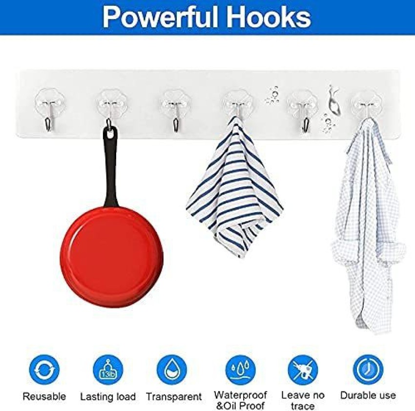 eshopy Adhesive Wall Hooks , Sticky Heavy Duty Utility Hook Reusable Wall  Hangers 10KGS Waterproof for Home Kitchen Bathroom Bedroom Dorm Keys Bag  Towels - 6 Hook Strip (Color- Transparent) Pack of