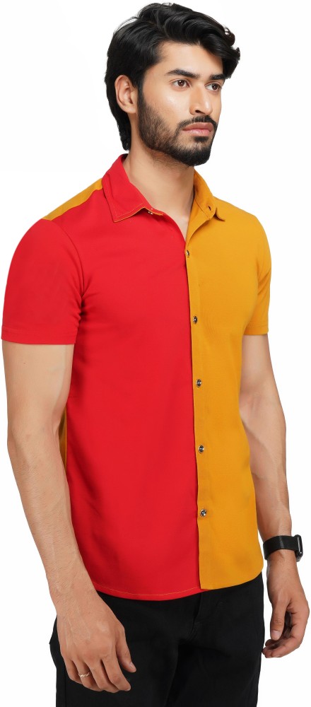 yellow shirt with red collar