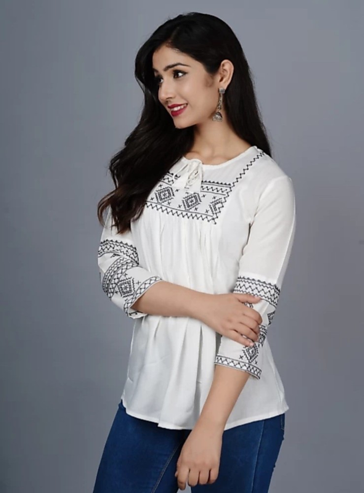 BQ Man Casual Embroidered Women White Top - Buy BQ Man Casual Embroidered  Women White Top Online at Best Prices in India