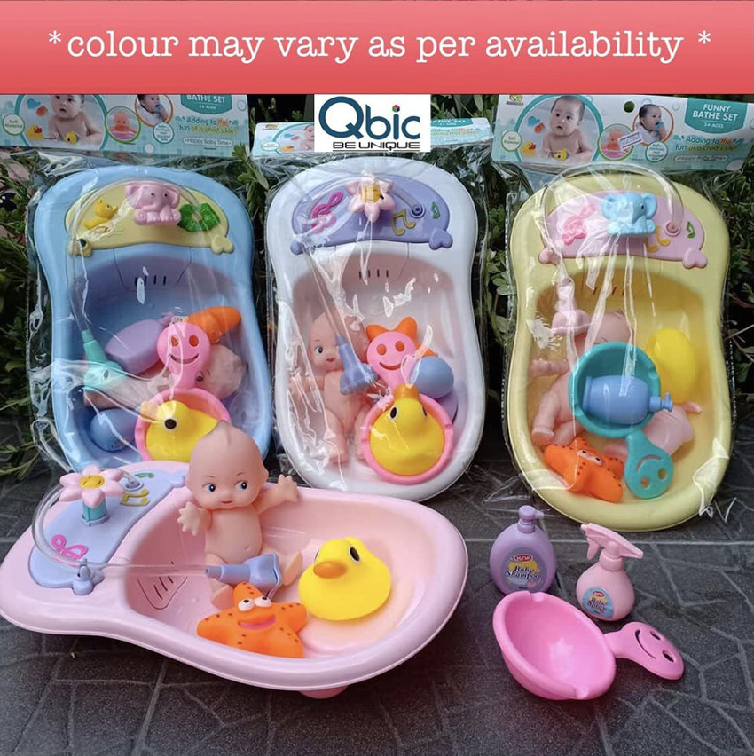 QBIC 6 Piece Baby Doll Bath Time Set Pretend Play Newborn Doll with Pump Spay Bath Tub with Squeaky Toys for Kids Bath Toys for Kids Bath Toy 6 Piece Baby