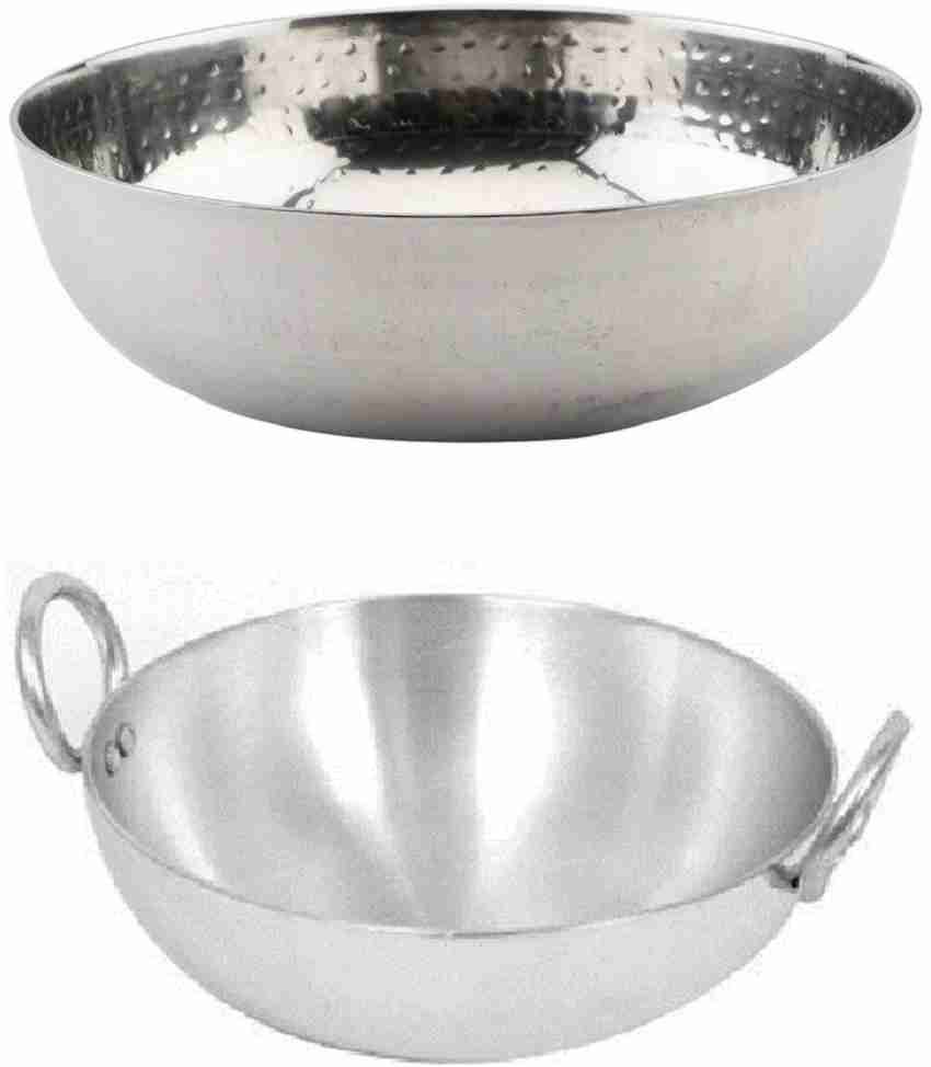 M&M - Aluminium Deep Kadhai with Handle and Flat Base / Steel Polish Flat  Bottom Deep Kadai with Stainless Steel Handle