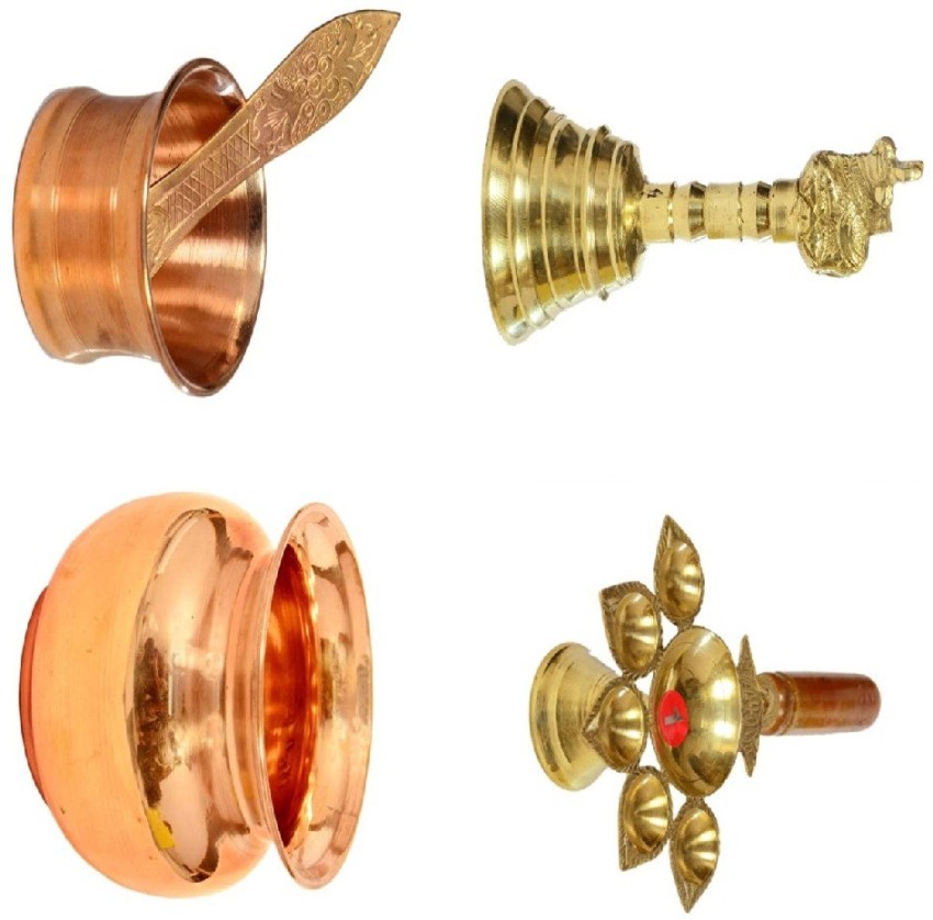 damurhu Combo of 4 Items -Brass Handheld Ghanti for Temple Arti