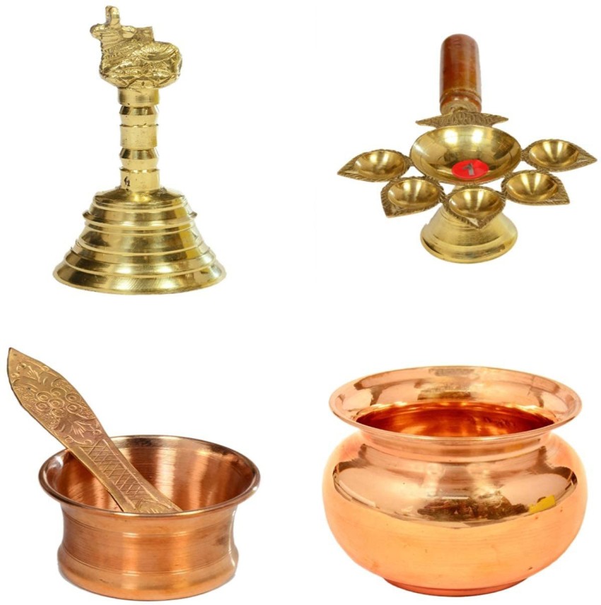damurhu Combo of 4 Items -Brass Handheld Ghanti for Temple Arti Pooja with  Copper Panch Patra, Panch Diya and Kalash Copper Brass Price in India - Buy  damurhu Combo of 4 Items 